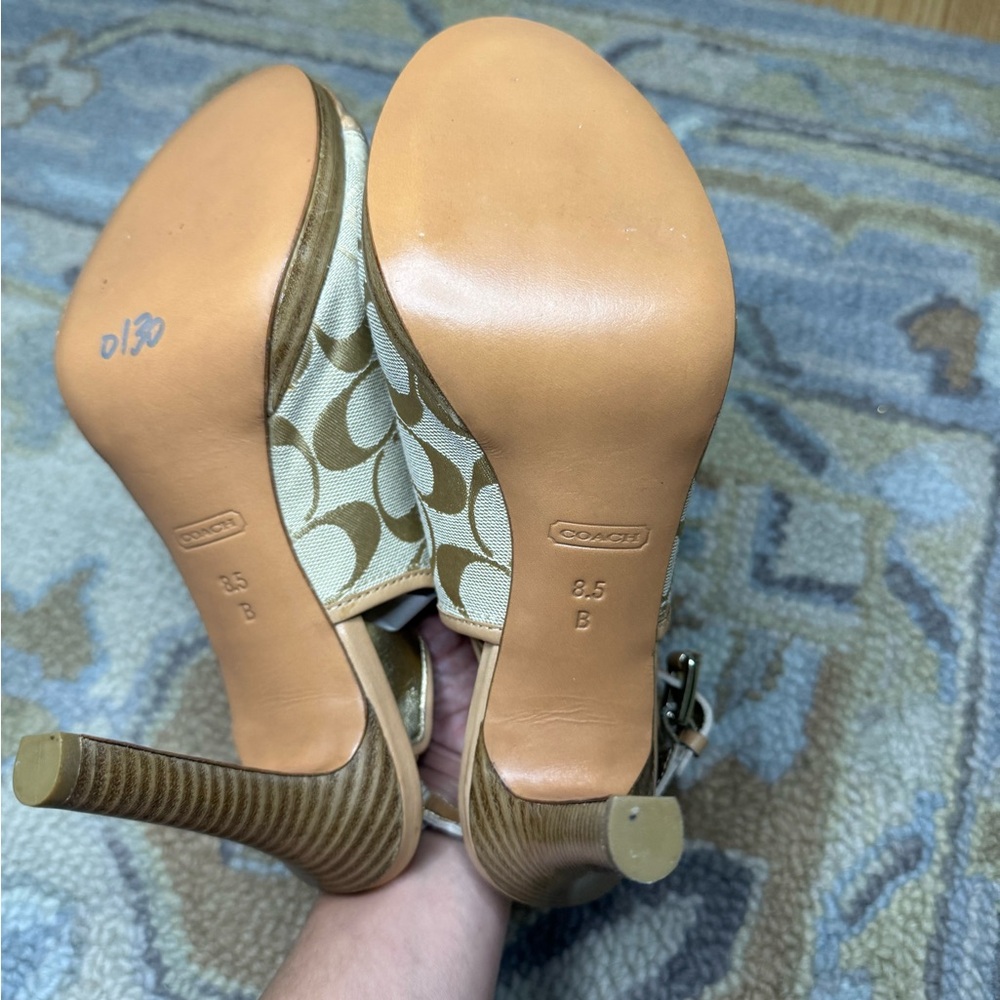Coach Women’s Heels Size 8.5 (Fit Like 7) Beige Signature Canvas Peep Toe - Picture 6 of 9
